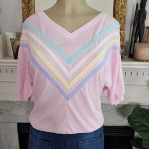 Vtg 70s Petal Pink Striped Top Dolman Sleeve Sporty Coastal Grandma Sz Medium